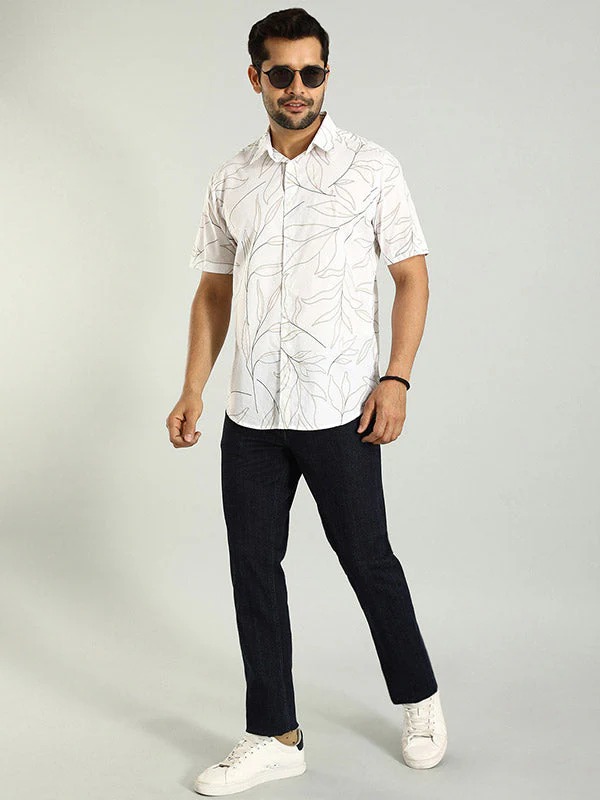Indian Terrain Men's Regular Fit Half Sleeve All Over Print White Shirt